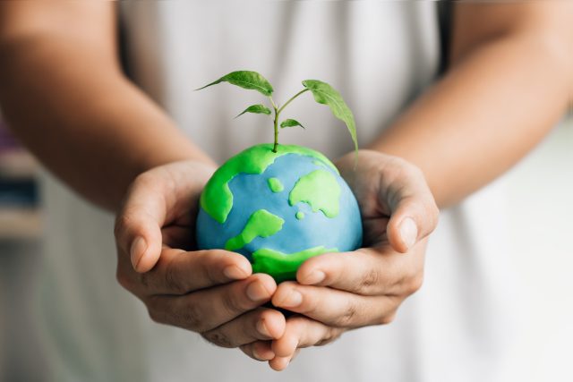 human hand holding young earth and plant in ecology and environment sustainable concept. Saving environment, save clean planet and net zero. World Earth Day and ESG and co2 concept Klimaat