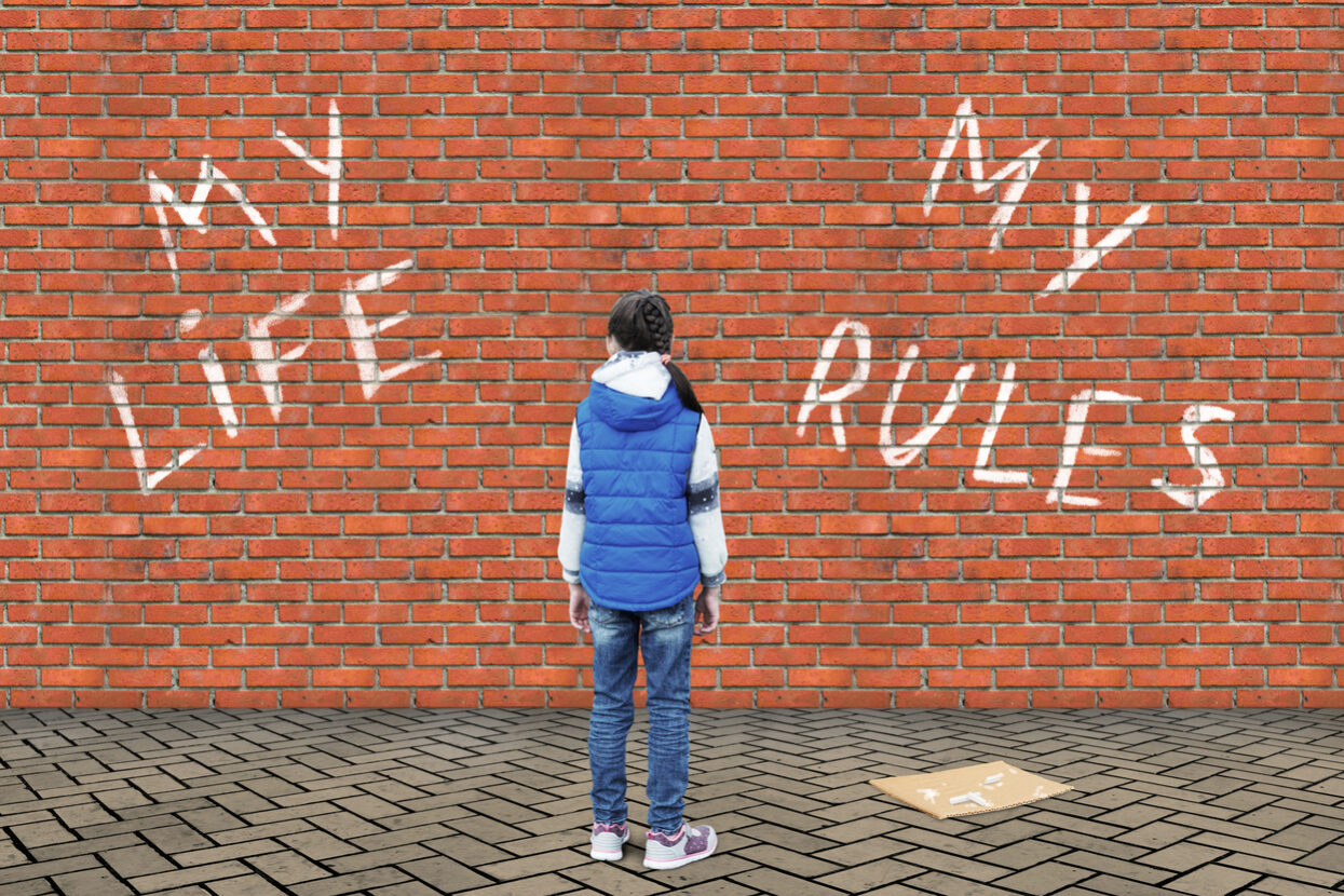 Little girl wrote with a chalk on a high brick wall text My Life My Rules zelfregulerend systeem
