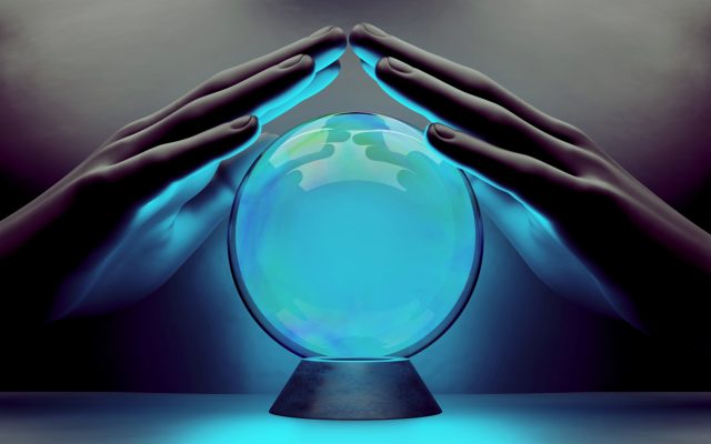 A pair of male hands surrounding a crystal ball. 3d render Bepaal je eigen toekomst