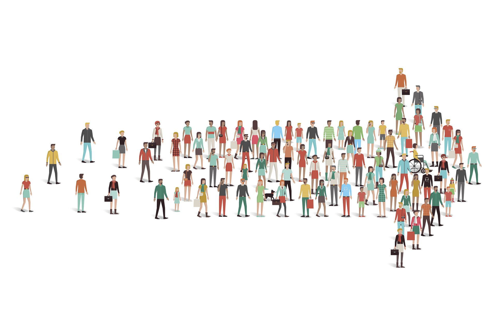 Crowd of people gathered in an arrow shape macht aan de burger
