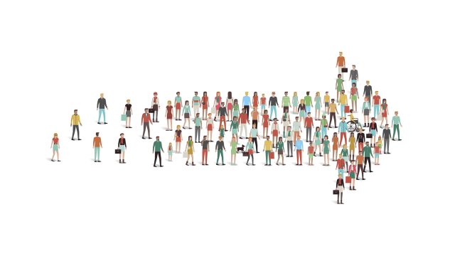 Crowd of people gathered in an arrow shape macht aan de burger